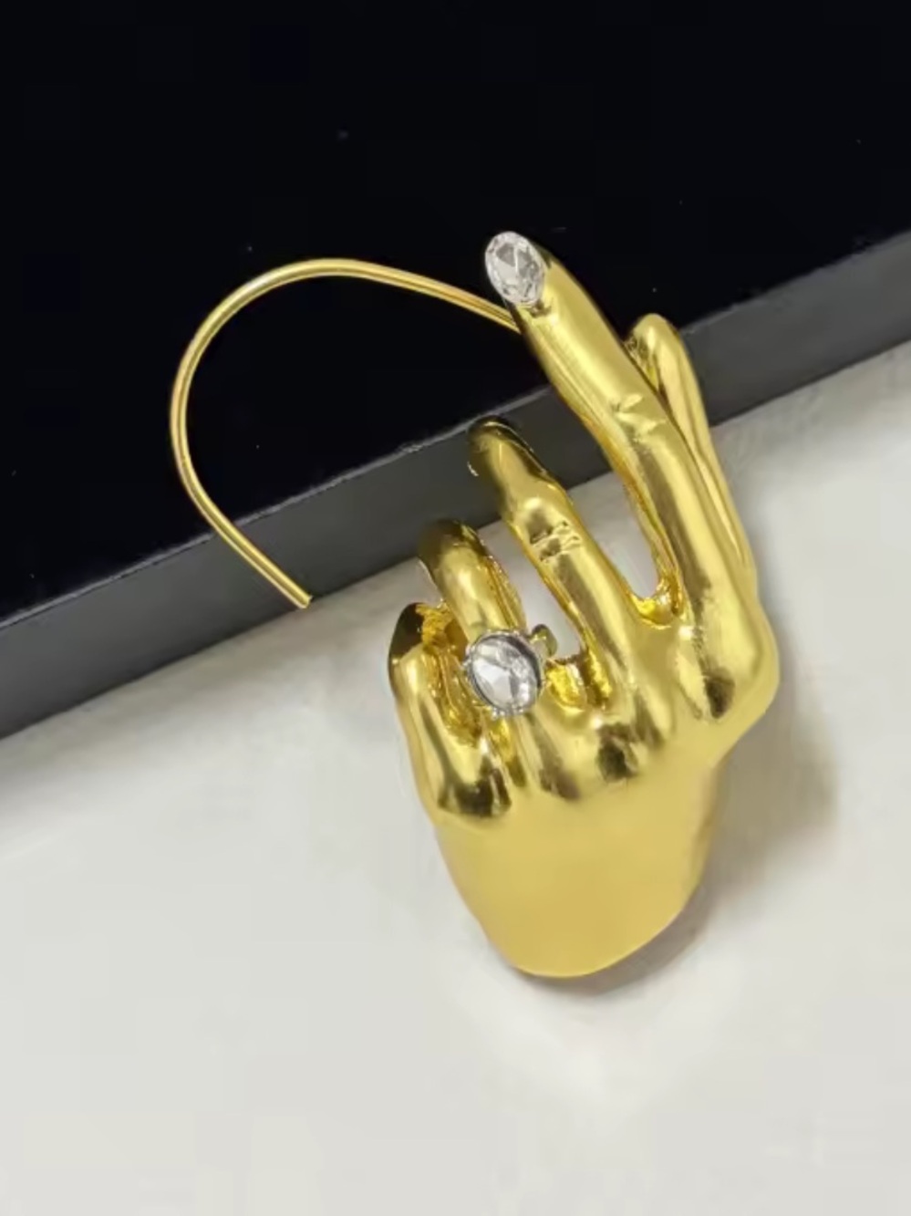 Gold Sculptural Ear Cuff with Crystal Accent - Women Jewelry